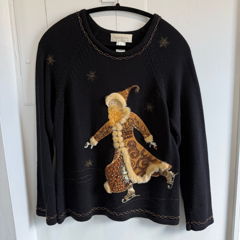 Vintage 90s Susan Bristol Knit Christmas Sweater Beaded Santa